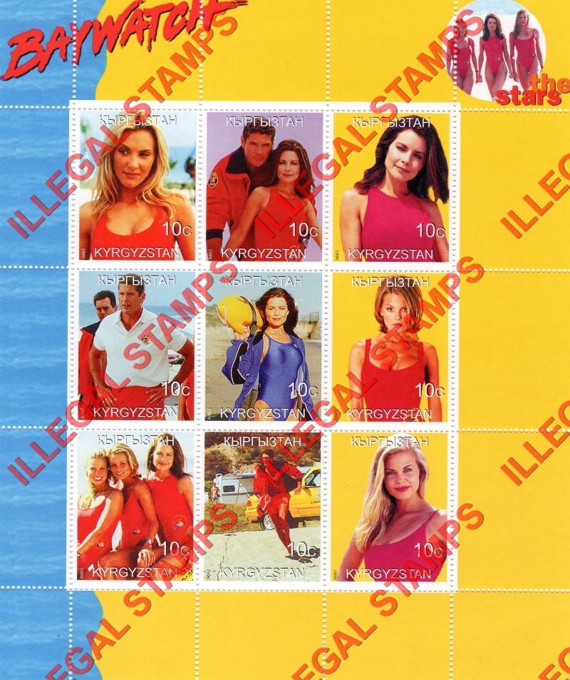 Kyrgyzstan 1999 Baywatch Stars Illegal Stamp Sheetlet of Nine Kyrgyzstan 1999 Baywatch Stars Illegal Stamp Sheetlet of Nine