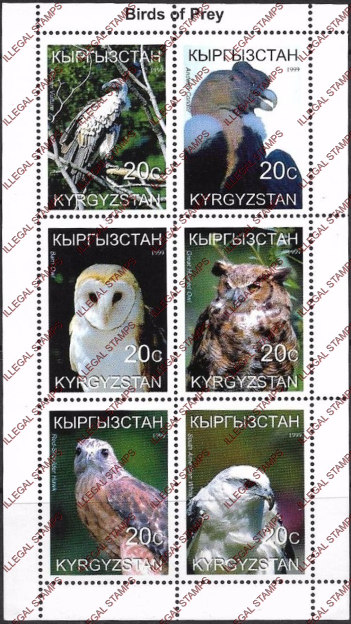 Kyrgyzstan 1999 Birds of Prey Illegal Stamp Sheetlet of Six Kyrgyzstan 1999 Birds of Prey Illegal Stamp Sheetlet of Six