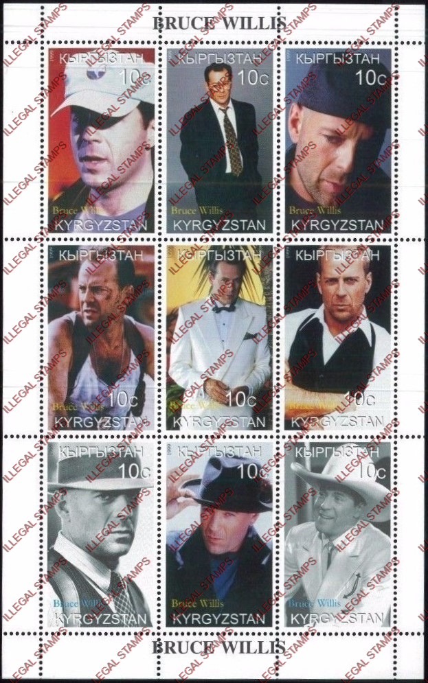 Kyrgyzstan 1999 Bruce Willis Illegal Stamp Sheetlet of Nine Kyrgyzstan 1999 Bruce Willis Illegal Stamp Sheetlet of Nine