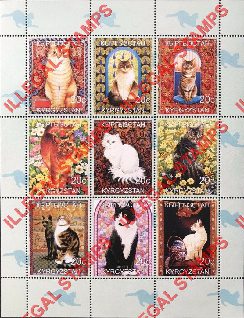 Kyrgyzstan 1999 Cats Illegal Stamp Sheetlet of Nine Kyrgyzstan 1999 Cats Illegal Stamp Sheetlet of Nine