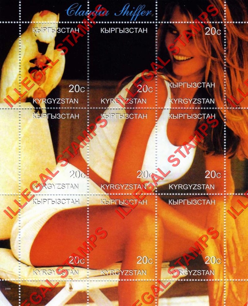 Kyrgyzstan 1999 Claudia Shiffer Illegal Stamp Sheetlet of Nine Kyrgyzstan 1999 Claudia Shiffer Illegal Stamp Sheetlet of Nine