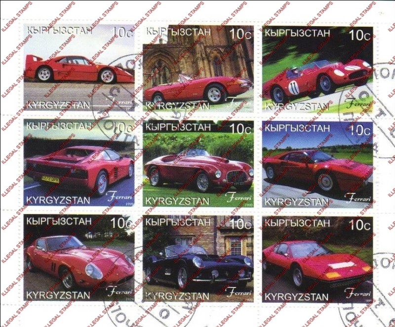 Kyrgyzstan 1999 Ferrari Illegal Stamp Sheetlet of Nine Kyrgyzstan 1999 Ferrari Illegal Stamp Sheetlet of Nine
