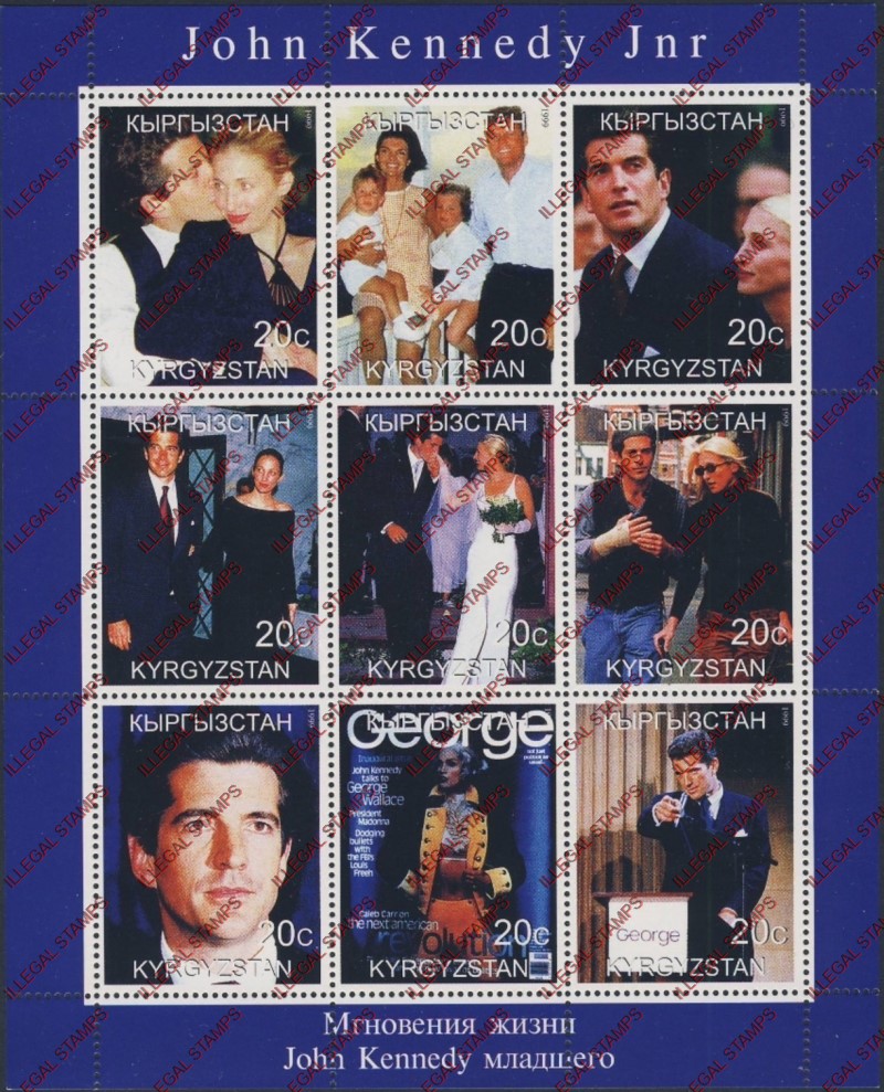 Kyrgyzstan 1999 John Kennedy Junior Illegal Stamp Sheetlet of Nine Kyrgyzstan 1999 John Kennedy Junior Illegal Stamp Sheetlet of Nine