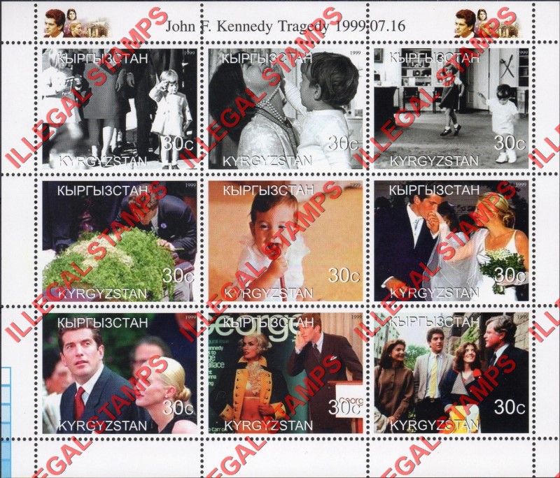 Kyrgyzstan 1999 John Kennedy Junior Tragedy Illegal Stamp Sheetlet of Nine Kyrgyzstan 1999 John Kennedy Junior Tragedy Illegal Stamp Sheetlet of Nine