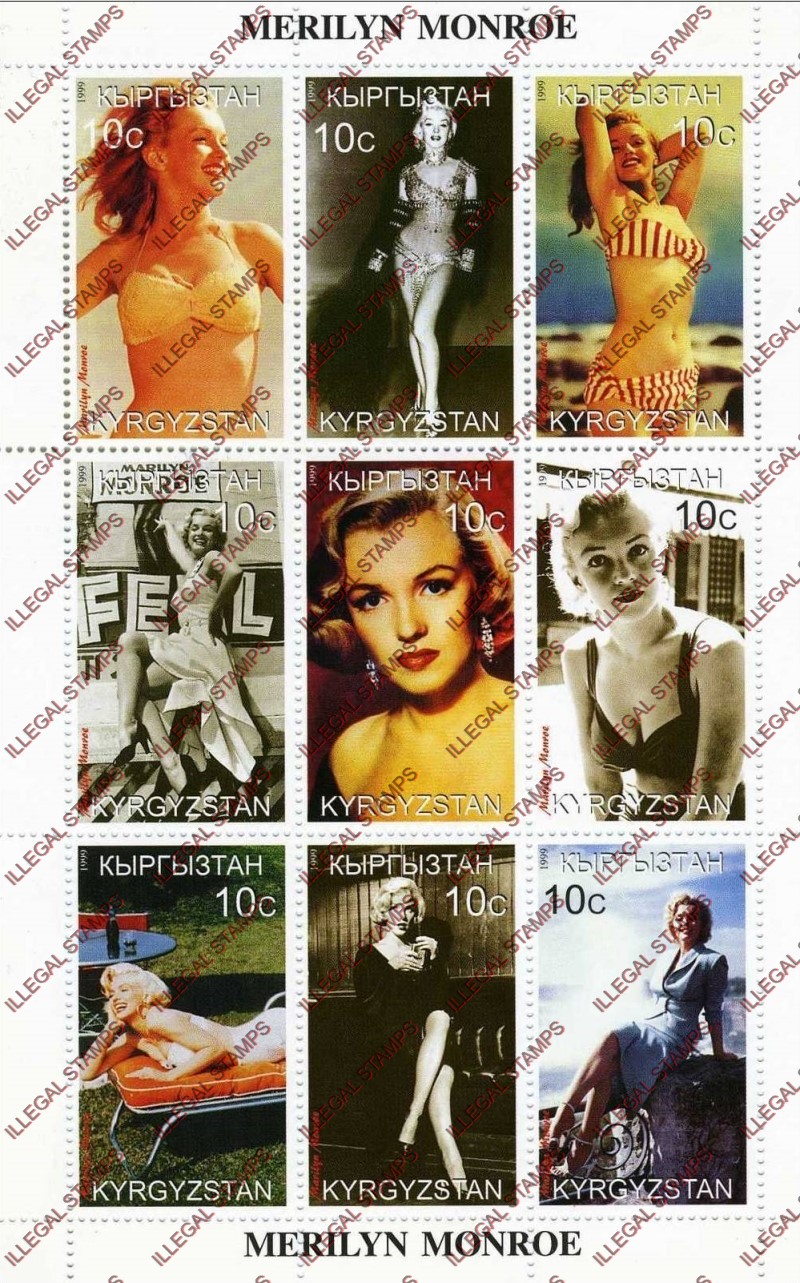 Kyrgyzstan 1999 Marilyn Monroe Illegal Stamp Sheetlet of Nine Kyrgyzstan 1999 Marilyn Monroe Illegal Stamp Sheetlet of Nine