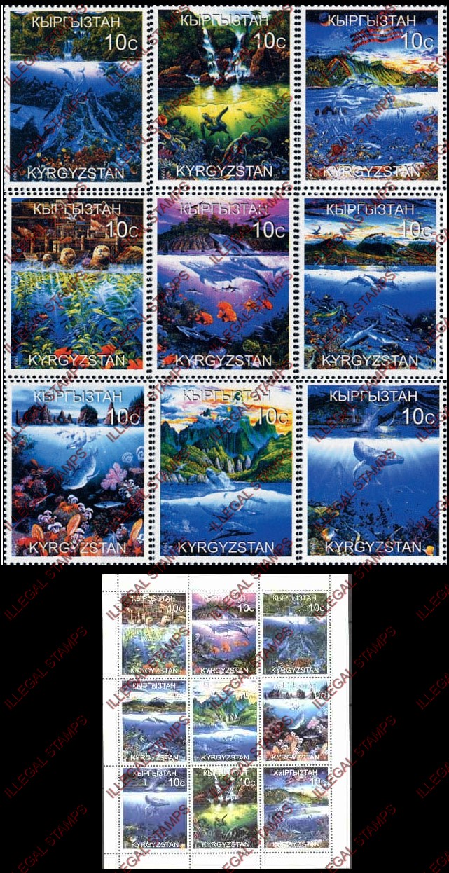 Kyrgyzstan 1999 Marine Life Illegal Stamp Sheetlet of Nine Kyrgyzstan 1999 Marine Life Illegal Stamp Sheetlet of Nine