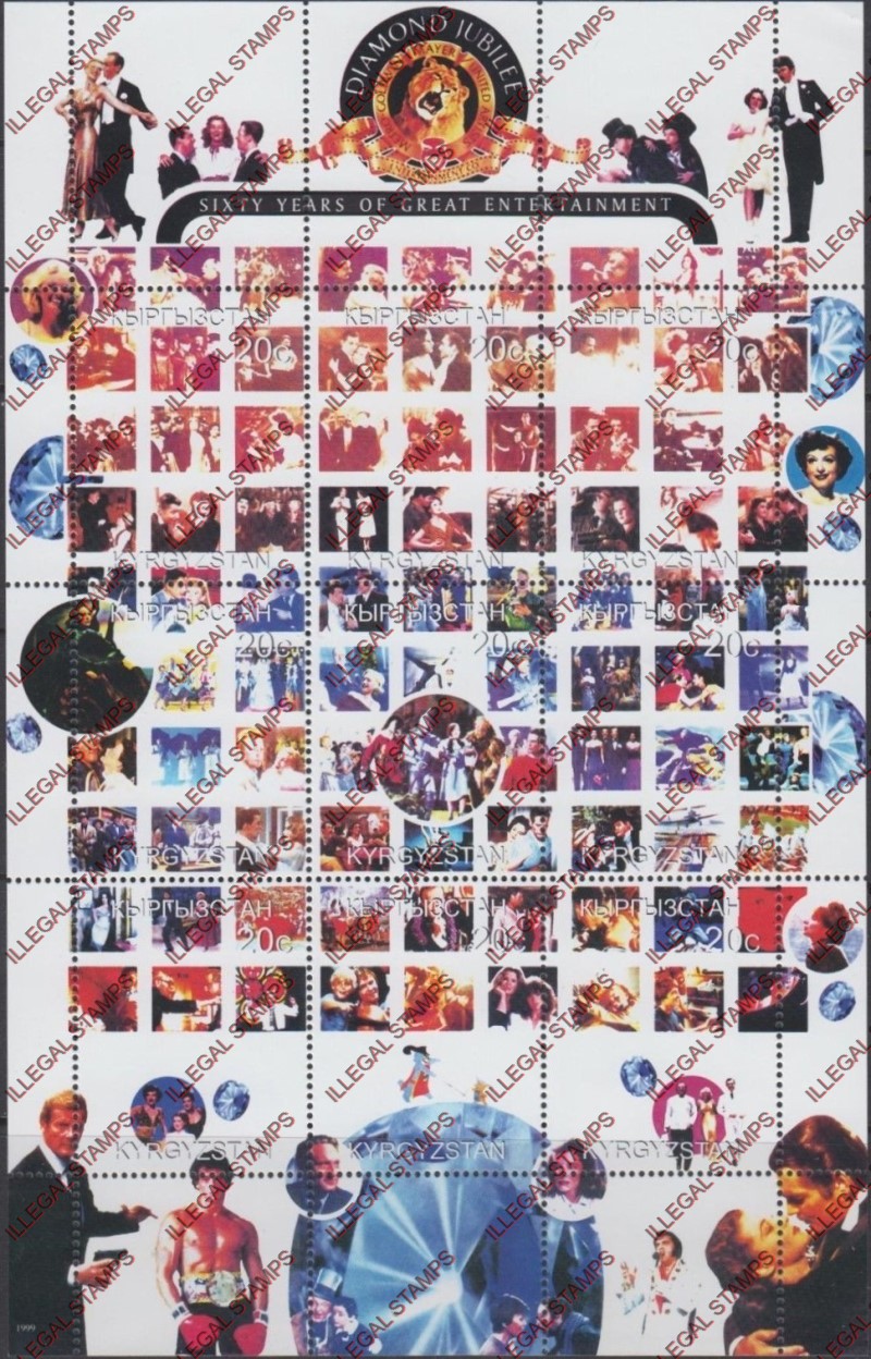 Kyrgyzstan 1999 60 Years Entertainment MGM Studios Illegal Stamp Sheetlet of Nine Kyrgyzstan 1999 60 Years Entertainment MGM Studios Illegal Stamp Sheetlet of Nine