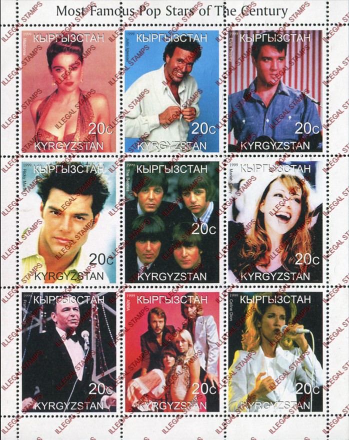Kyrgyzstan 1999 Pop Stars Illegal Stamp Sheetlet of Nine Kyrgyzstan 1999 Pop Stars Illegal Stamp Sheetlet of Nine