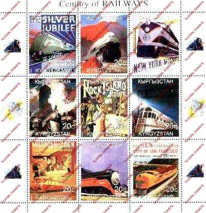 Kyrgyzstan 1999 Century of Railways Illegal Stamp Sheetlet of Nine Kyrgyzstan 1999 Century of Railways Illegal Stamp Sheetlet of Nine
