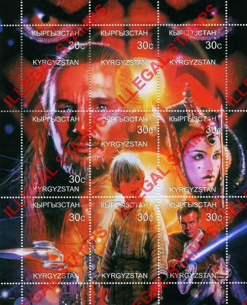 Kyrgyzstan 1999 Star Wars Illegal Stamp Sheetlet of Nine Kyrgyzstan 1999 Star Wars Illegal Stamp Sheetlet of Nine