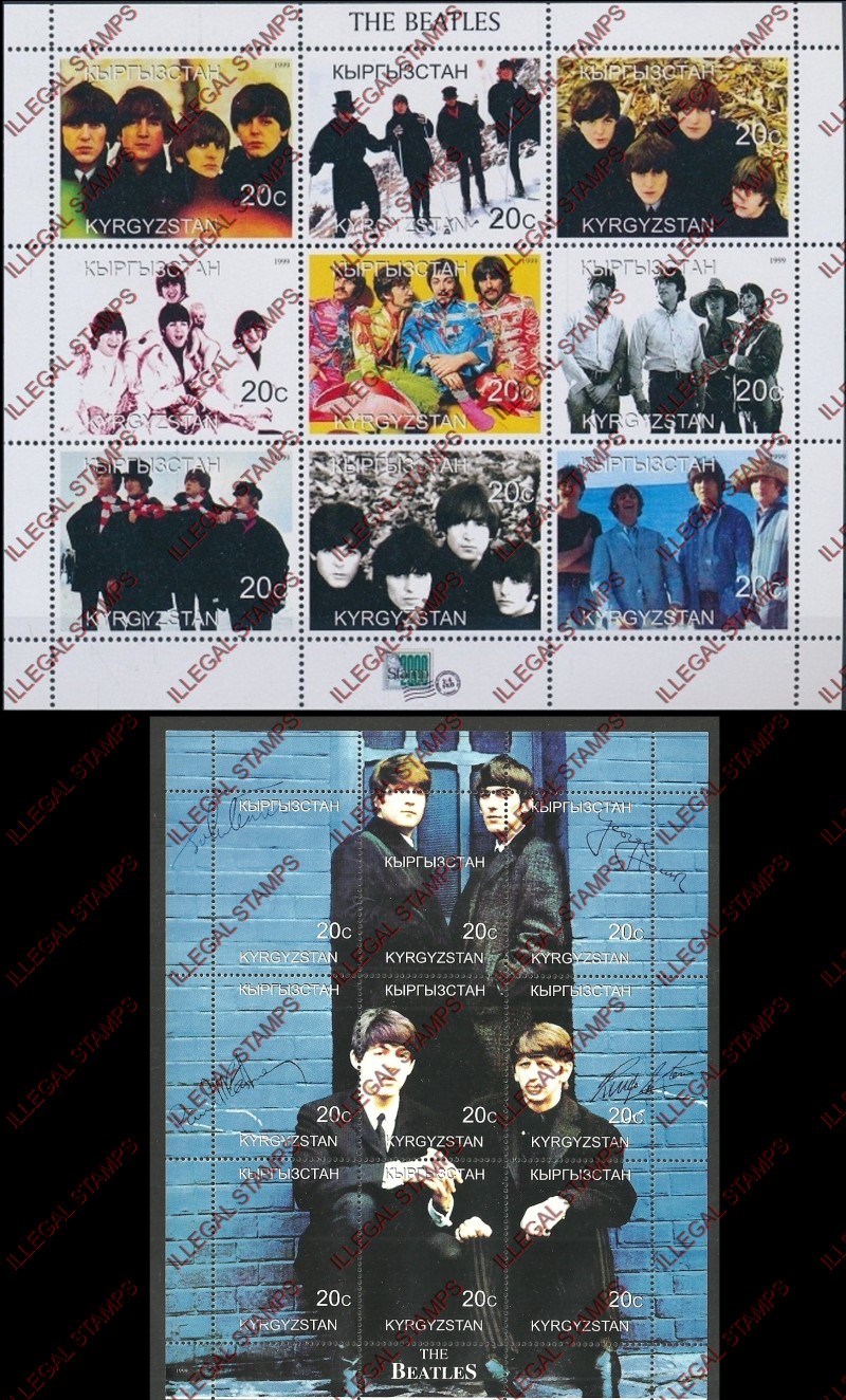 Kyrgyzstan 1999 The Beatles Illegal Stamp Sheetlets of Nine Kyrgyzstan 1999 The Beatles Illegal Stamp Sheetlets of Nine