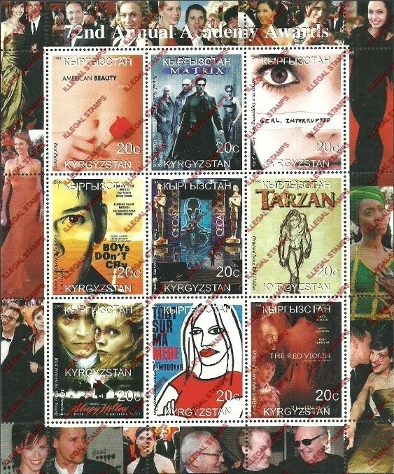 Kyrgyzstan 2000 72nd Academy Awards Illegal Stamp Sheetlet of Nine Kyrgyzstan 2000 72nd Academy Awards Illegal Stamp Sheetlet of Nine