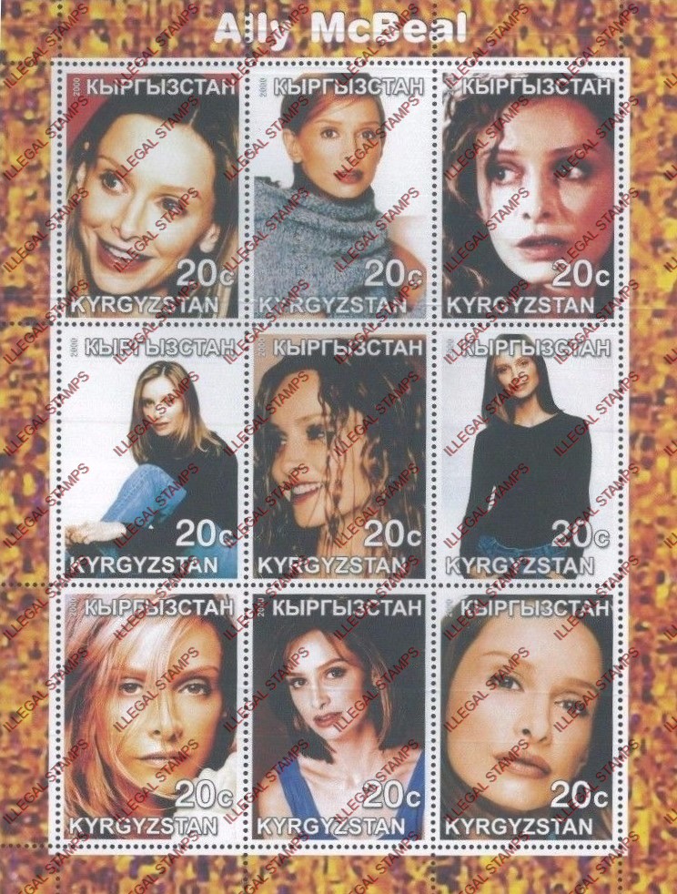 Kyrgyzstan 2000 Ally McBeal Illegal Stamp Sheetlet of Nine Kyrgyzstan 2000 Ally McBeal Illegal Stamp Sheetlet of Nine