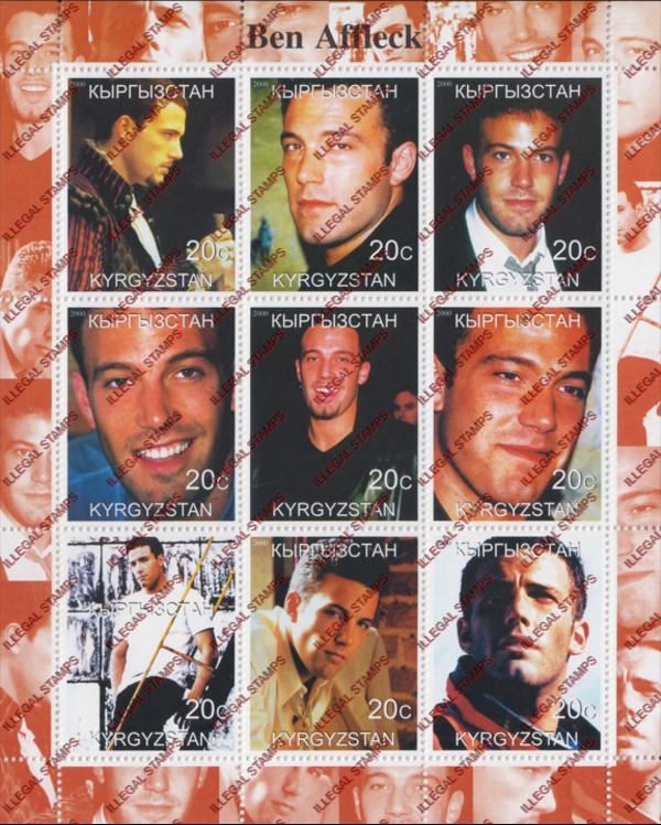 Kyrgyzstan 2000 Ben Affleck Illegal Stamp Sheetlet of Nine Kyrgyzstan 2000 Ben Affleck Illegal Stamp Sheetlet of Nine