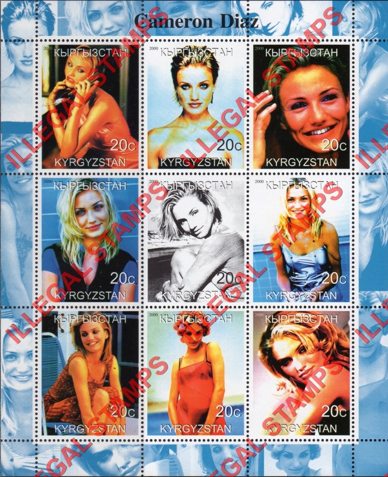 Kyrgyzstan 2000 Cameron Diaz Illegal Stamp Sheetlet of Nine Kyrgyzstan 2000 Cameron Diaz Illegal Stamp Sheetlet of Nine