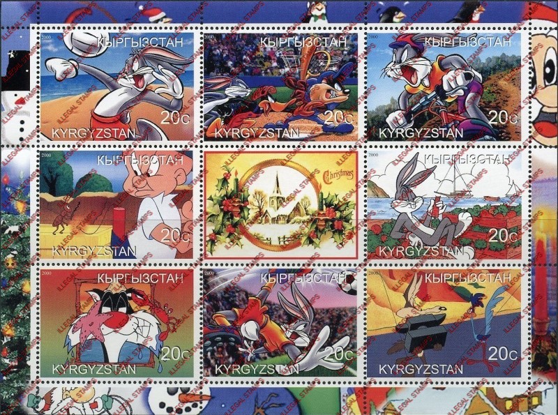 Kyrgyzstan 2000 Christmas Bugs Bunny Cartoons Illegal Stamp Sheetlet of Nine Kyrgyzstan 2000 Christmas Bugs Bunny Cartoons Illegal Stamp Sheetlet of Nine