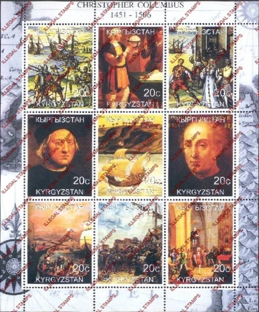 Kyrgyzstan 2000 Christopher Columbus Illegal Stamp Sheetlet of Nine Kyrgyzstan 2000 Christopher Columbus Illegal Stamp Sheetlet of Nine