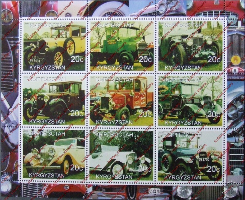 Kyrgyzstan 2000 Classic Cars Illegal Stamp Sheetlet of Nine Kyrgyzstan 2000 Classic Cars Illegal Stamp Sheetlet of Nine