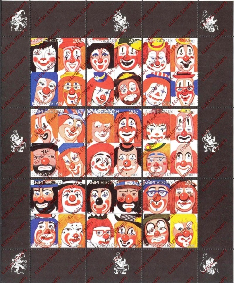 Kyrgyzstan 2000 Clowns Illegal Stamp Sheetlet of Nine Kyrgyzstan 2000 Clowns Illegal Stamp Sheetlet of Nine