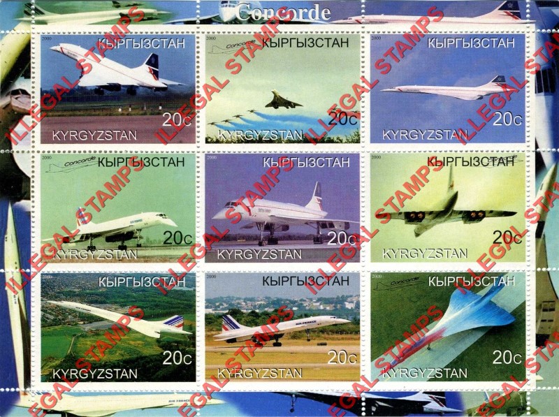 Kyrgyzstan 2000 Concorde Illegal Stamp Sheetlet of Nine Kyrgyzstan 2000 Concorde Illegal Stamp Sheetlet of Nine