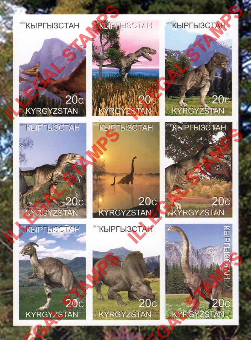 Kyrgyzstan 2000 Dinosaurs Illegal Stamp Sheetlet of Nine Kyrgyzstan 2000 Dinosaurs Illegal Stamp Sheetlet of Nine