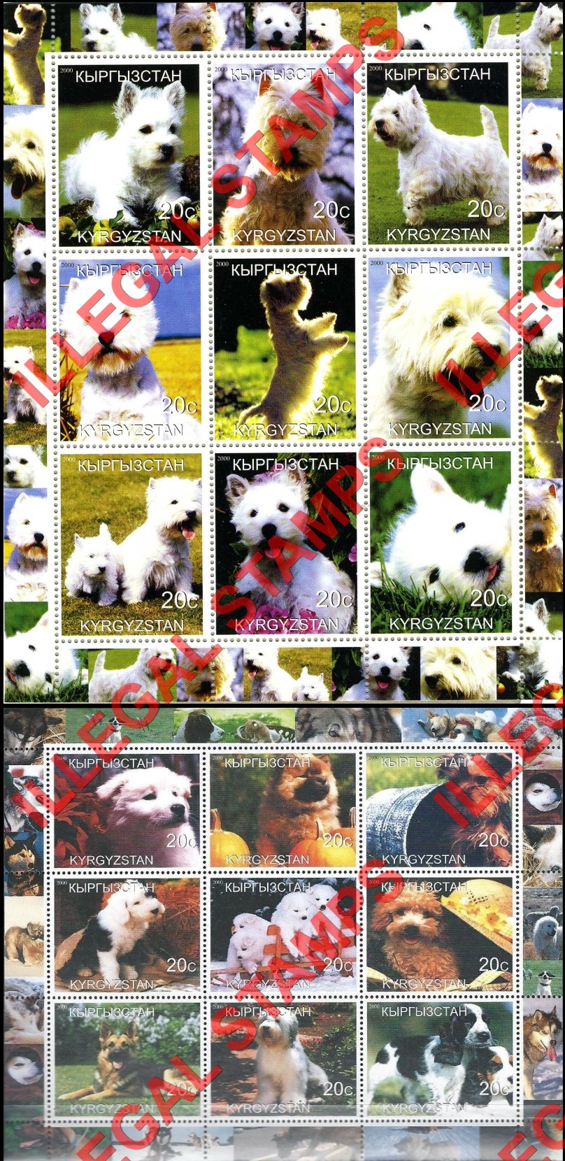 Kyrgyzstan 2000 Dogs Illegal Stamp Sheetlets of Nine Kyrgyzstan 2000 Dogs Illegal Stamp Sheetlets of Nine