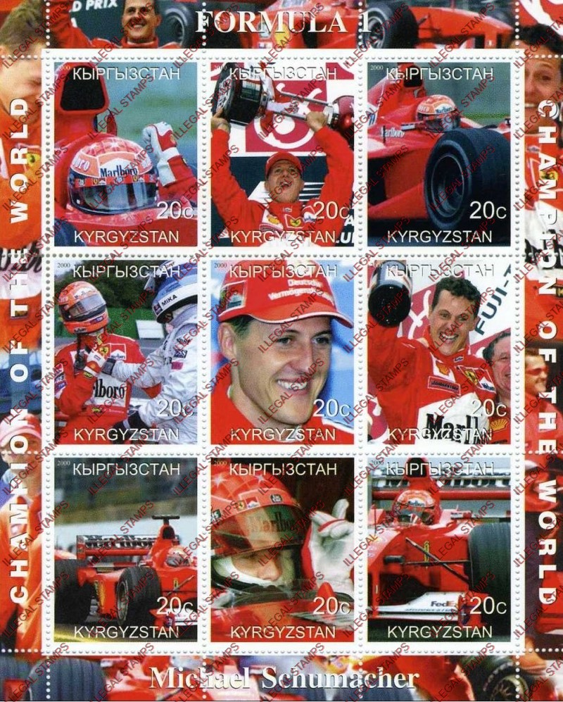 Kyrgyzstan 2000 Formula 1 Illegal Stamp Sheetlet of Nine Kyrgyzstan 2000 Formula 1 Illegal Stamp Sheetlet of Nine