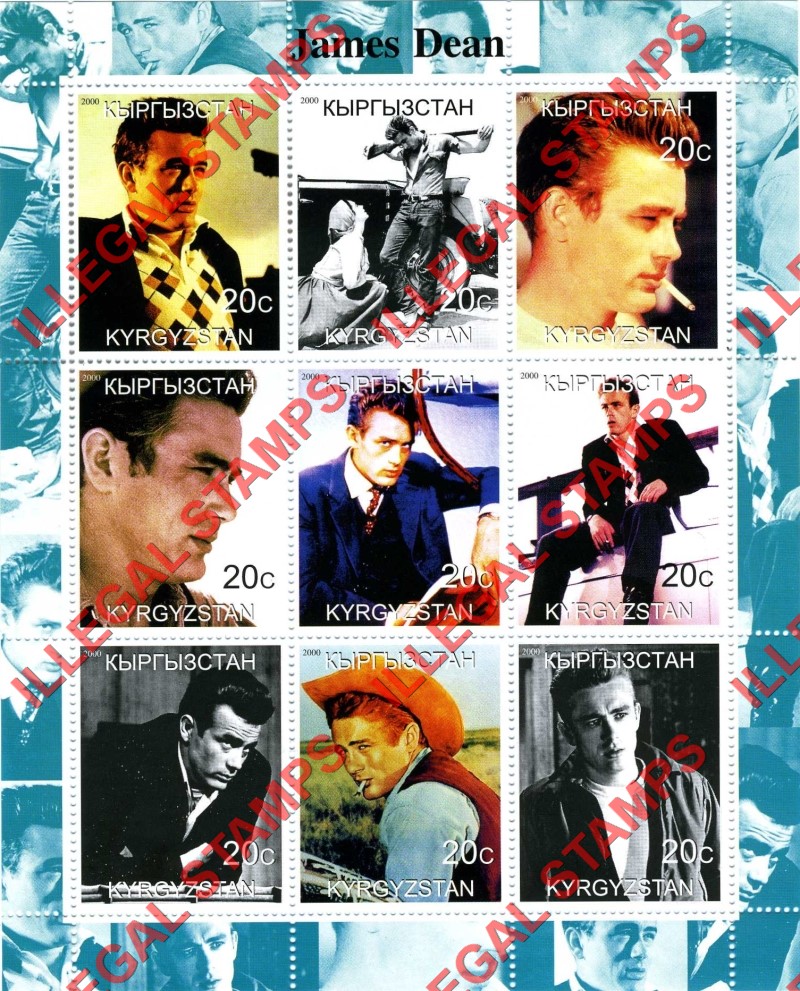 Kyrgyzstan 2000 James Dean Illegal Stamp Sheetlet of Nine Kyrgyzstan 2000 James Dean Illegal Stamp Sheetlet of Nine