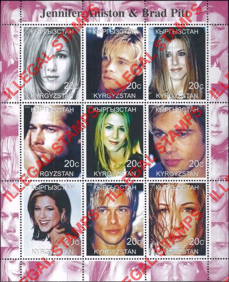 Kyrgyzstan 2000 Jennifer Aniston Brad Pitt Illegal Stamp Sheetlet of Nine Kyrgyzstan 2000 Jennifer Aniston Brad Pitt Illegal Stamp Sheetlet of Nine