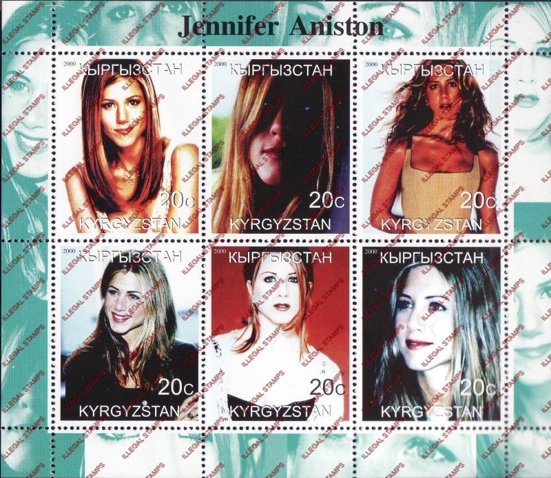 Kyrgyzstan 2000 Jennifer Aniston Illegal Stamp Sheetlet of Six Kyrgyzstan 2000 Jennifer Aniston Illegal Stamp Sheetlet of Six
