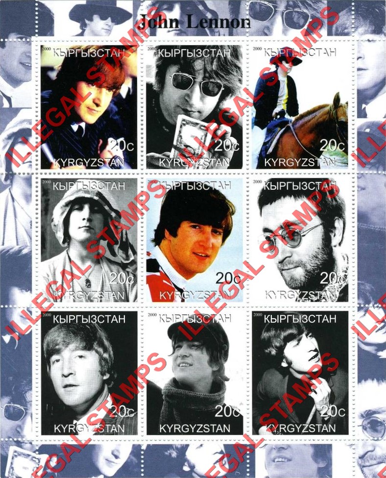 Kyrgyzstan 2000 John Lennon Illegal Stamp Sheetlet of Nine Kyrgyzstan 2000 John Lennon Illegal Stamp Sheetlet of Nine