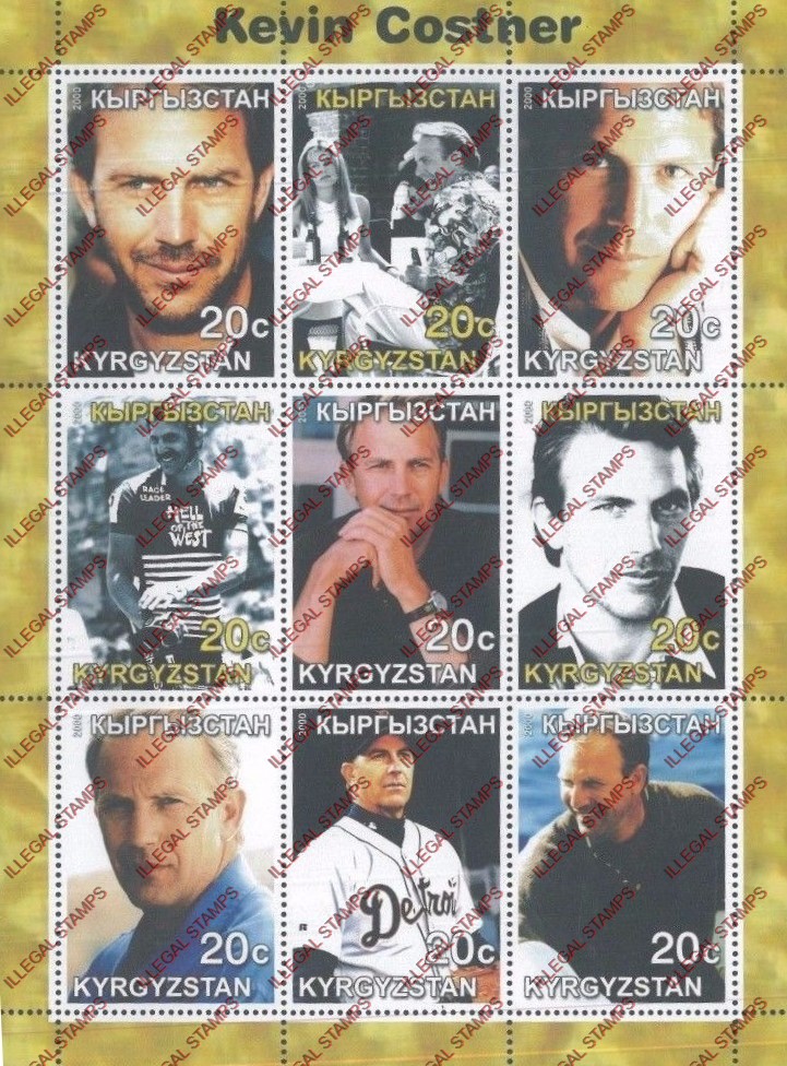 Kyrgyzstan 2000 Kevin Costner Illegal Stamp Sheetlet of Nine Kyrgyzstan 2000 Kevin Costner Illegal Stamp Sheetlet of Nine