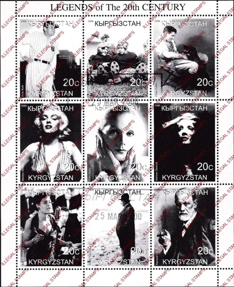 Kyrgyzstan 2000 20th Century Legends Illegal Stamp Sheetlet of Nine Kyrgyzstan 2000 20th Century Legends Illegal Stamp Sheetlet of Nine