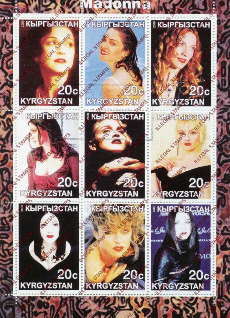 Kyrgyzstan 2000 Madonna Illegal Stamp Sheetlet of Nine Kyrgyzstan 2000 Madonna Illegal Stamp Sheetlet of Nine