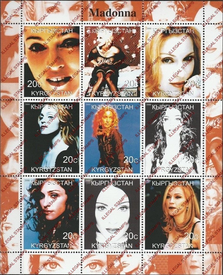 Kyrgyzstan 2000 Madonna Illegal Stamp Sheetlet of Nine Different Style Kyrgyzstan 2000 Madonna Illegal Stamp Sheetlet of Nine Different Style