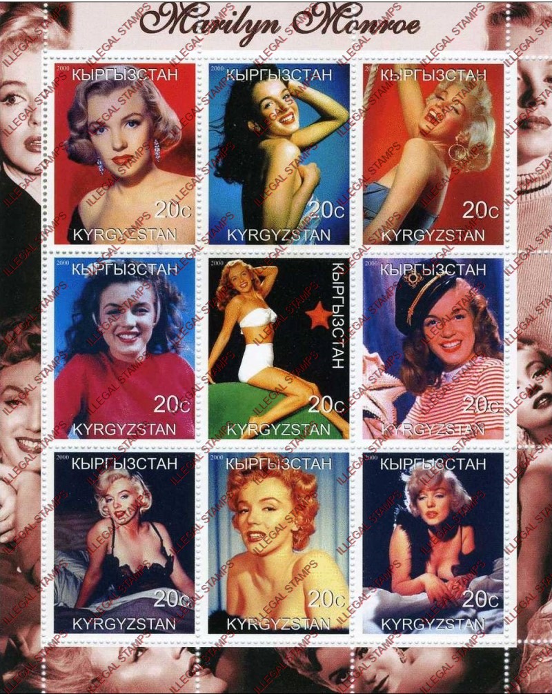 Kyrgyzstan 2000 Marilyn Monroe Illegal Stamp Sheetlet of Nine (sheet 1) Kyrgyzstan 2000 Marilyn Monroe Illegal Stamp Sheetlet of Nine (Sheet 1)