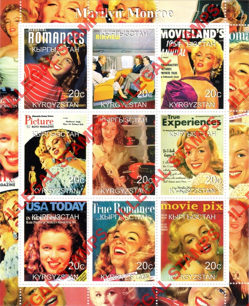 Kyrgyzstan 2000 Marilyn Monroe Illegal Stamp Sheetlet of Nine (Sheet 2) Kyrgyzstan 2000 Marilyn Monroe Illegal Stamp Sheetlet of Nine (Sheet 2)