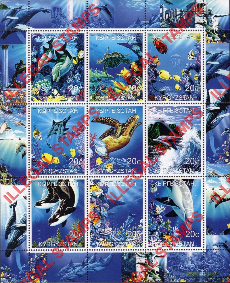 Kyrgyzstan 2000 Marine Life Illegal Stamp Sheetlet of Nine Kyrgyzstan 2000 Marine Life Illegal Stamp Sheetlet of Nine
