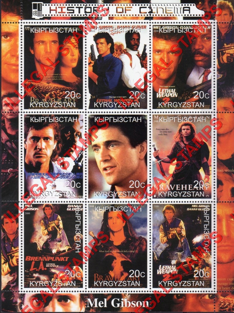 Kyrgyzstan 2000 Mel Gibson History of Cinema Illegal Stamp Sheetlet of Nine Kyrgyzstan 2000 Mel Gibson History of Cinema Illegal Stamp Sheetlet of Nine