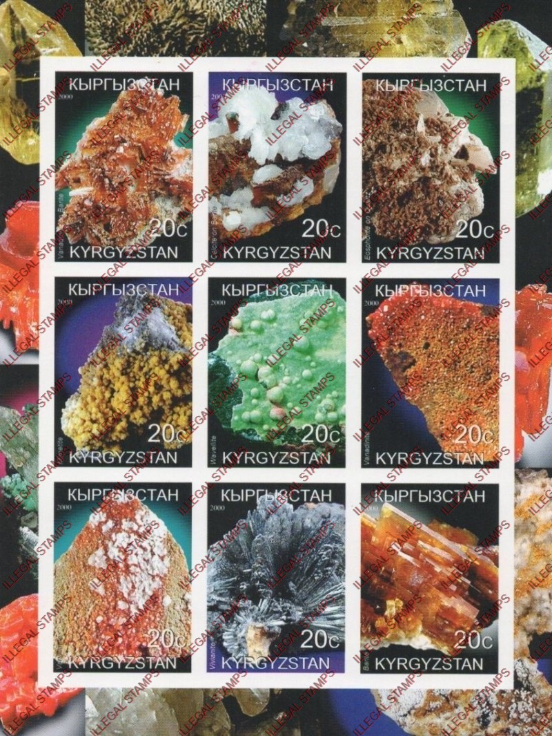 Kyrgyzstan 2000 Minerals Illegal Stamp Sheetlet of Nine Kyrgyzstan 2000 Minerals Illegal Stamp Sheetlet of Nine