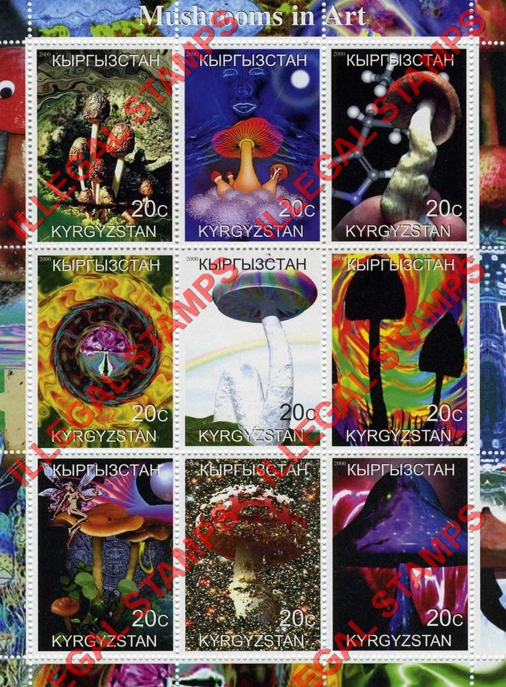 Kyrgyzstan 2000 Mushrooms in Art Illegal Stamp Sheetlet of Nine Kyrgyzstan 2000 Mushrooms in Art Illegal Stamp Sheetlet of Nine
