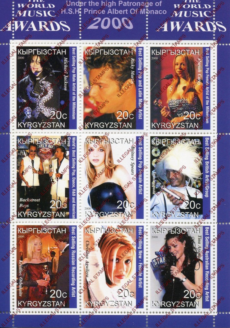 Kyrgyzstan 2000 The World Music Awards Illegal Stamp Sheetlet of Nine Kyrgyzstan 2000 The World Music Awards Illegal Stamp Sheetlet of Nine