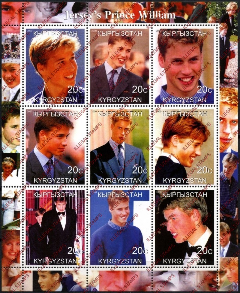 Kyrgyzstan 2000 Prince William Illegal Stamp Sheetlet of Nine Kyrgyzstan 2000 Prince William Illegal Stamp Sheetlet of Nine