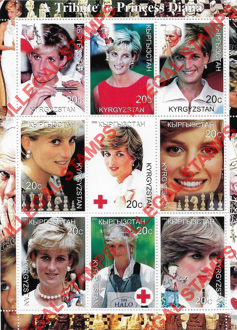 Kyrgyzstan 2000 Princess Diana Chess Red Cross Scouts and Pope Illegal Stamp Sheetlet of Nine Kyrgyzstan 2000 Princess Diana Chess Red Cross Scouts and Pope Illegal Stamp Sheetlet of Nine