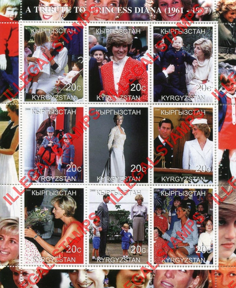 Kyrgyzstan 2000 Princess Diana Illegal Stamp Sheetlet of Nine Kyrgyzstan 2000 Princess Diana Illegal Stamp Sheetlet of Nine
