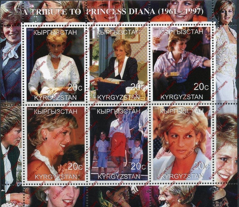 Kyrgyzstan 2000 Princess Diana Illegal Stamp Sheetlet of Six Kyrgyzstan 2000 Princess Diana Illegal Stamp Sheetlet of Six