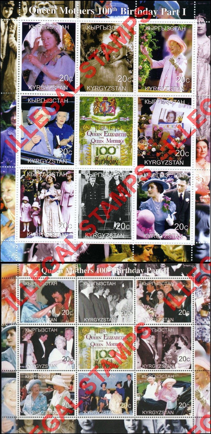 Kyrgyzstan 2000 Queen Mother's 100th Birthday Illegal Stamp Sheetlets of 8 Plus Label Part I and II Kyrgyzstan 2000 Queen Mother's 100th Birthday Illegal Stamp Sheetlets of 8 Plus Label Part I and II