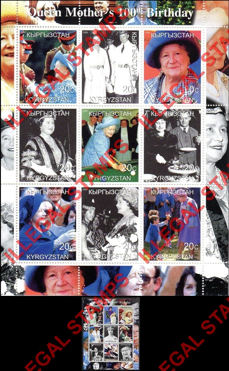 Kyrgyzstan 2000 Queen Mother's 100th Birthday Illegal Stamp Sheetlets of Nine Kyrgyzstan 2000 Queen Mother's 100th Birthday Illegal Stamp Sheetlets of Nine