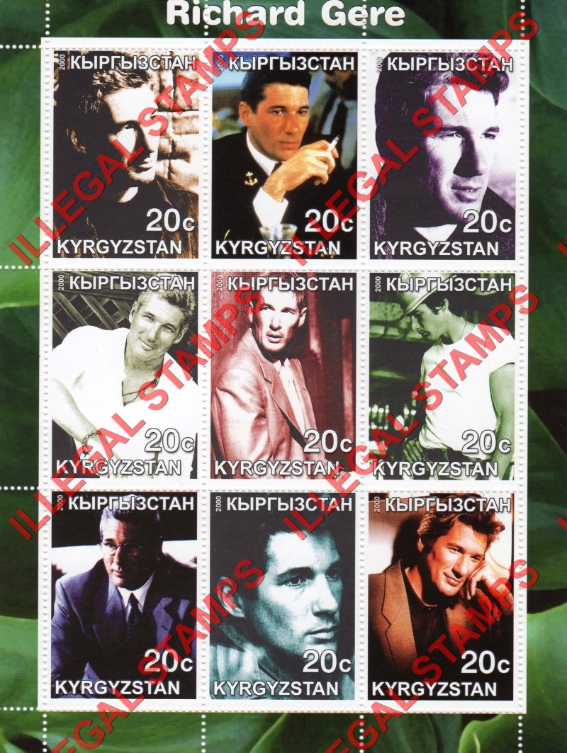 Kyrgyzstan 2000 Richard Gere Illegal Stamp Sheetlet of Nine Kyrgyzstan 2000 Richard Gere Illegal Stamp Sheetlet of Nine