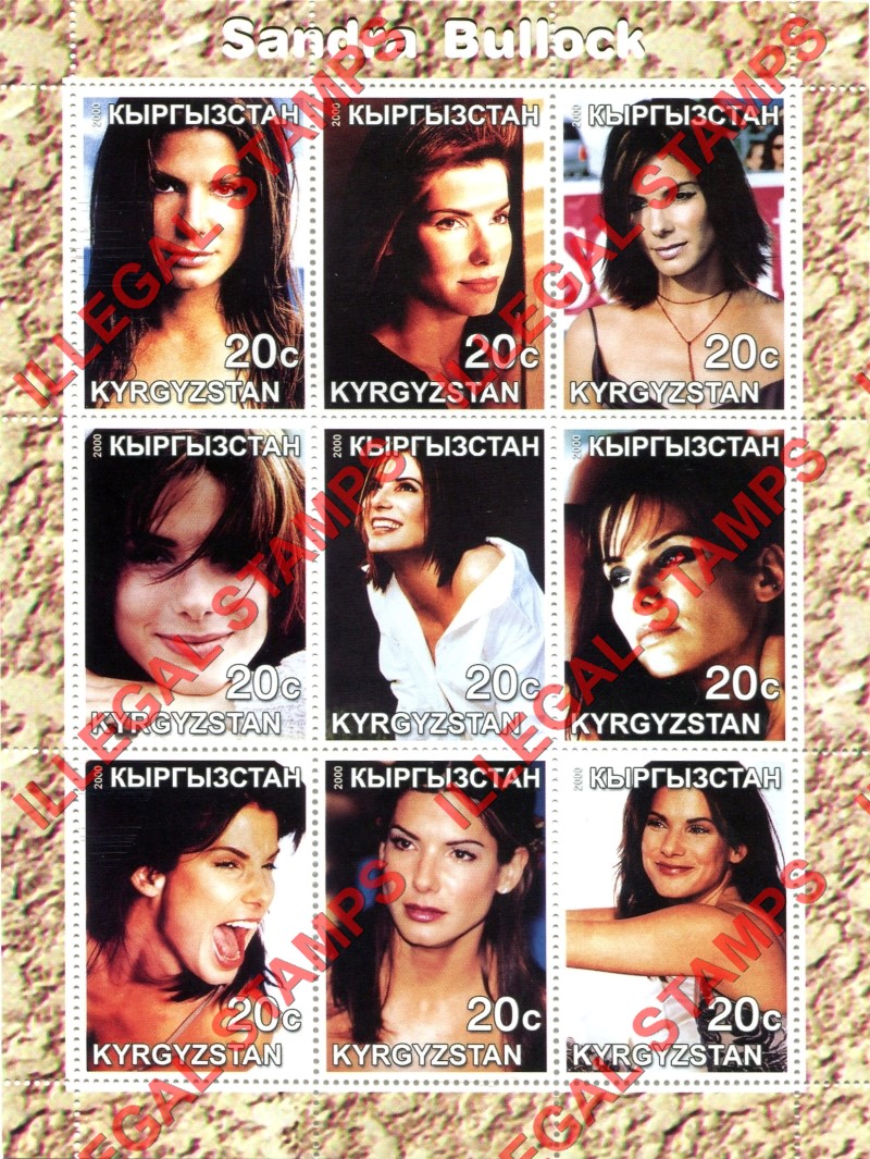 Kyrgyzstan 2000 Sandra Bullock Illegal Stamp Sheetlet of Nine Kyrgyzstan 2000 Sandra Bullock Illegal Stamp Sheetlet of Nine